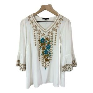 Embroidered Floral Womens Boho Top Bell Sleeves